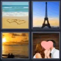 4 fotos 1 palabra playa con corazones Torre Eiffel