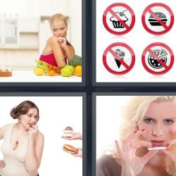 4 fotos 1 palabra mujer con cigarro comidas prohibidas